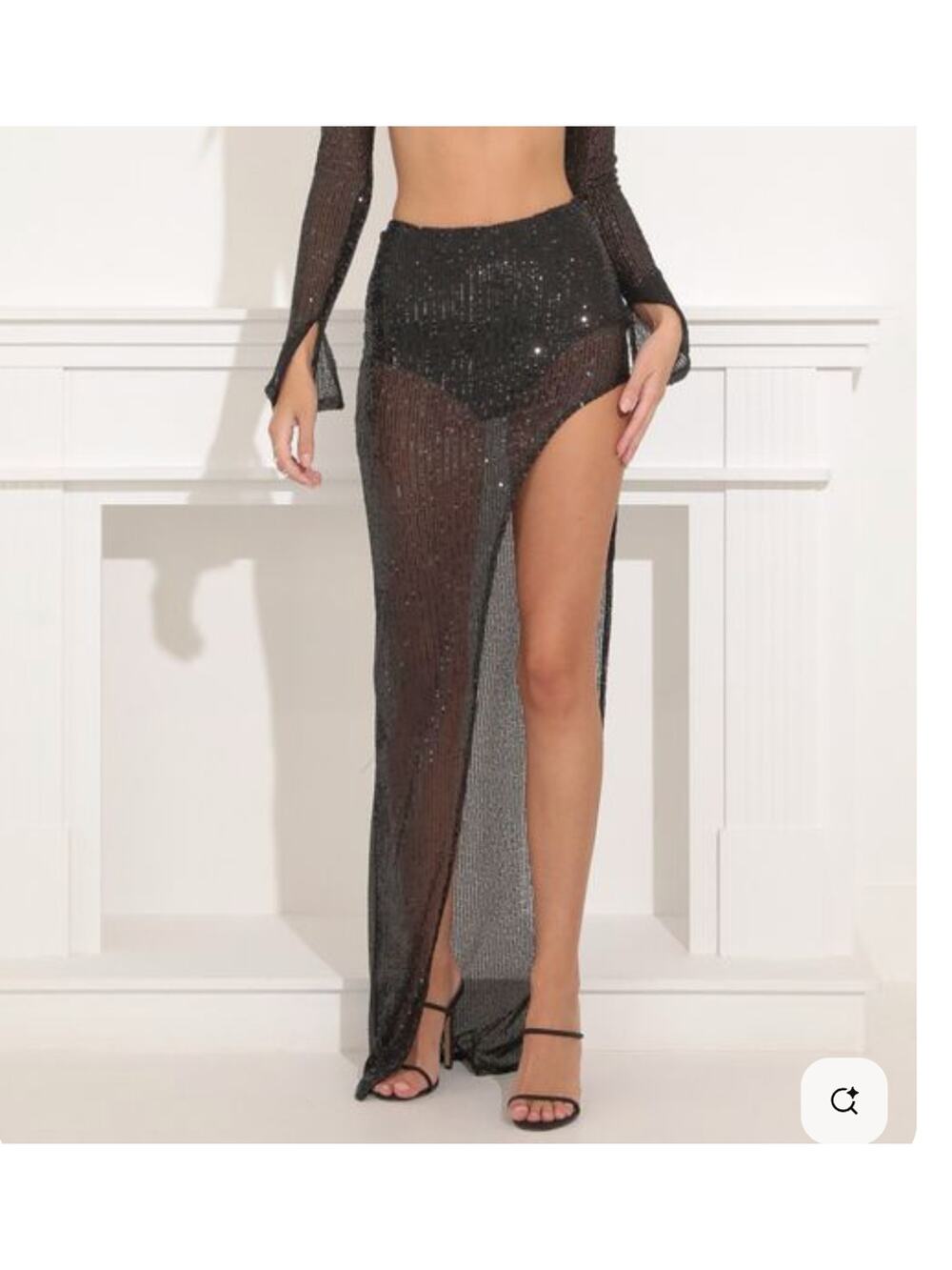 LUCY IN THE SKY | Doja Sheer Black Sequin Maxi Skirt with Leg Slit | Extra Small